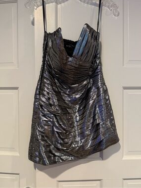 Retrofete Metallic Silver-Black Ruched Mini Dress